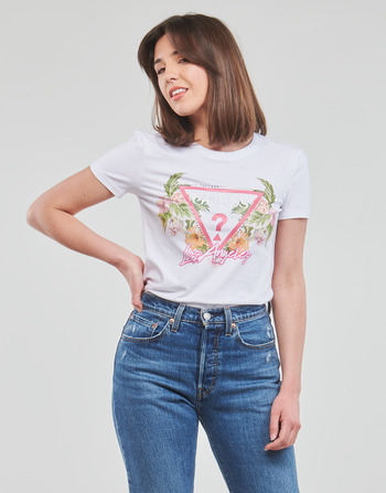 Guess SS CN TRIANGLE FLOWERS TEE Άσπρο