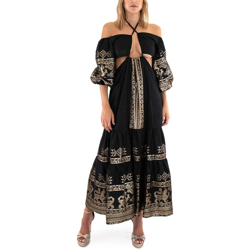 Υφασμάτινα Γυναίκα Φορέματα Lace MAXI DRESS WOMEN ΜΑΥΡΟ- ΧΡΥΣΟ