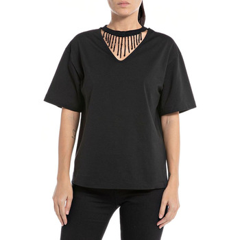Υφασμάτινα Γυναίκα T-shirt με κοντά μανίκια Replay COTTON JERSEY V NECK T-SHIRT WOMEN ΜΑΥΡΟ