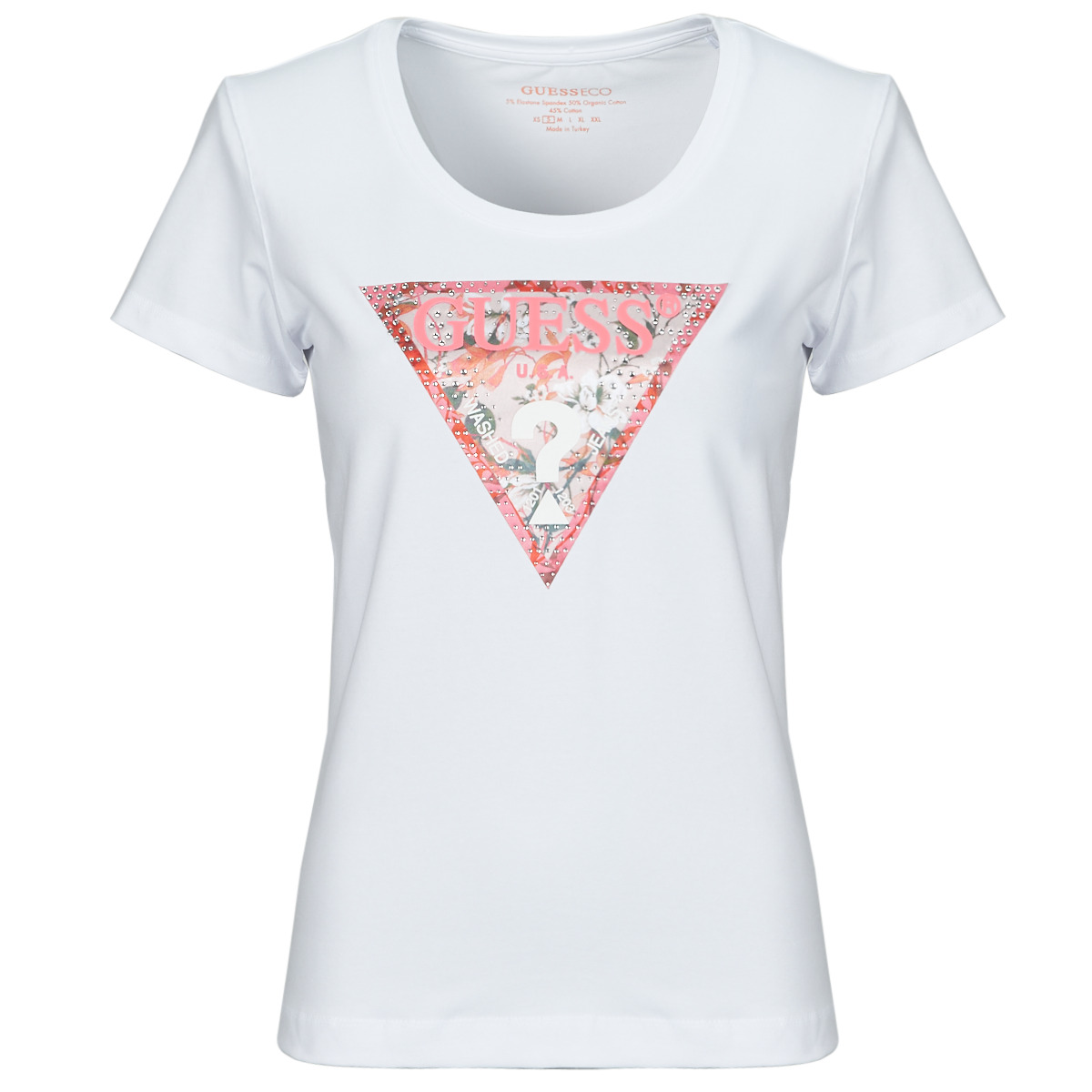 Υφασμάτινα Γυναίκα T-shirt με κοντά μανίκια Guess RN SATIN TRIANGLE Άσπρο