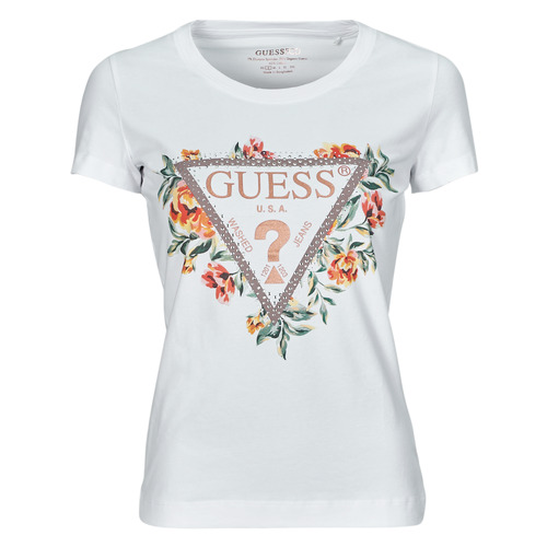 Υφασμάτινα Γυναίκα T-shirt με κοντά μανίκια Guess TRIANGLE FLOWERS Άσπρο