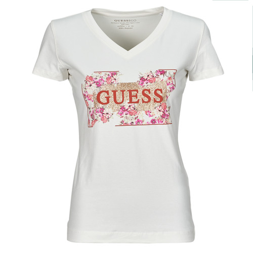 Υφασμάτινα Γυναίκα T-shirt με κοντά μανίκια Guess LOGO FLOWERS Άσπρο