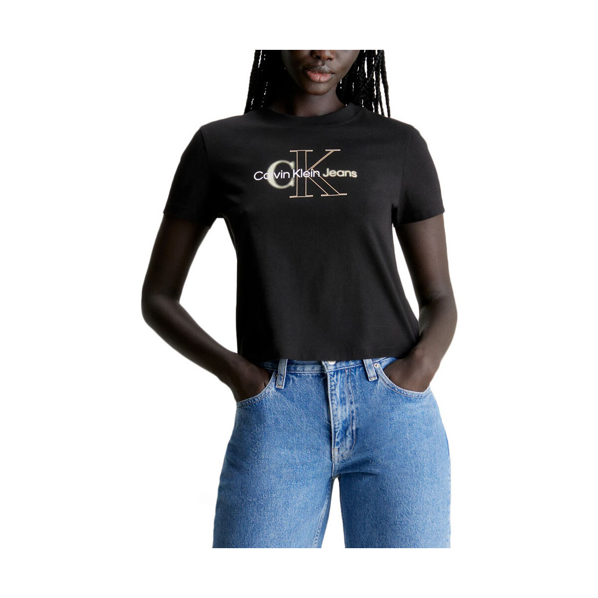 Υφασμάτινα Γυναίκα T-shirt με κοντά μανίκια Calvin Klein Jeans BOLD MONOLOGO REGULAR FIT T-SHIRT WOMEN ΜΑΥΡΟ- ΜΠΕΖ