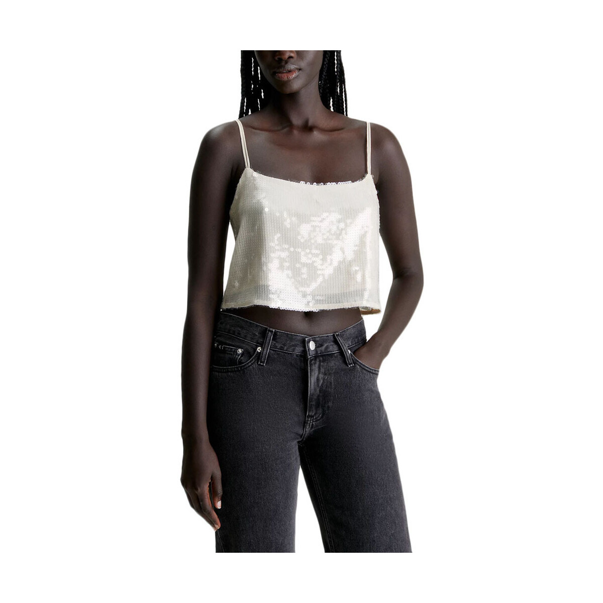 Υφασμάτινα Γυναίκα Μπλουζάκια με μακριά μανίκια Calvin Klein Jeans SEQUINED TOP WOMEN ΜΠΕΖ