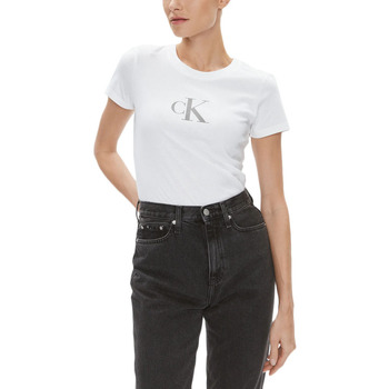 Υφασμάτινα Γυναίκα T-shirt με κοντά μανίκια Calvin Klein Jeans SEQUIN LOGO SLIM FIT T-SHIRT WOMEN ΓΚΡΙ- ΛΕΥΚΟ