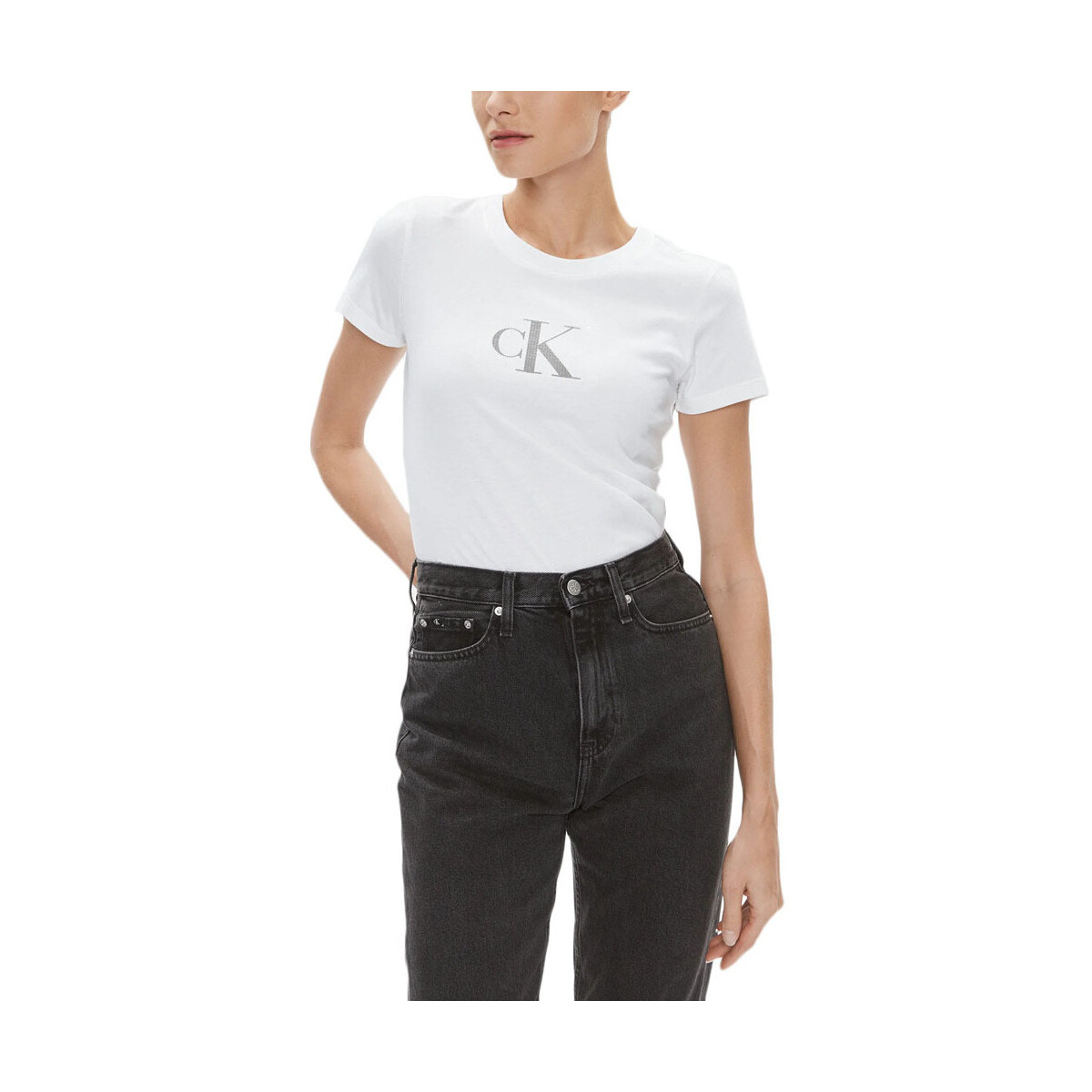 Υφασμάτινα Γυναίκα T-shirt με κοντά μανίκια Calvin Klein Jeans SEQUIN LOGO SLIM FIT T-SHIRT WOMEN ΓΚΡΙ- ΛΕΥΚΟ