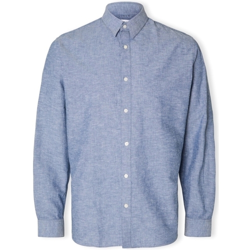 Υφασμάτινα Άνδρας Πουκάμισα με μακριά μανίκια Selected Noos Slimnew-linen Shirt L/S - Medium Blue Denim Μπλέ