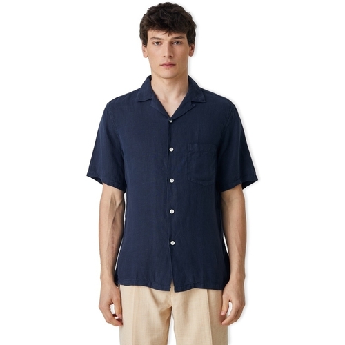 Υφασμάτινα Άνδρας Πουκάμισα με μακριά μανίκια Portuguese Flannel Linen Camp Collar Shirt - Navy Μπλέ